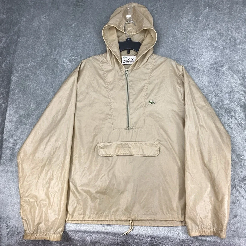 Vtg Izod Lacoste Jacket Mens L Tan 1/4 Zip Pullover Lightweight Windbreak Hooded
